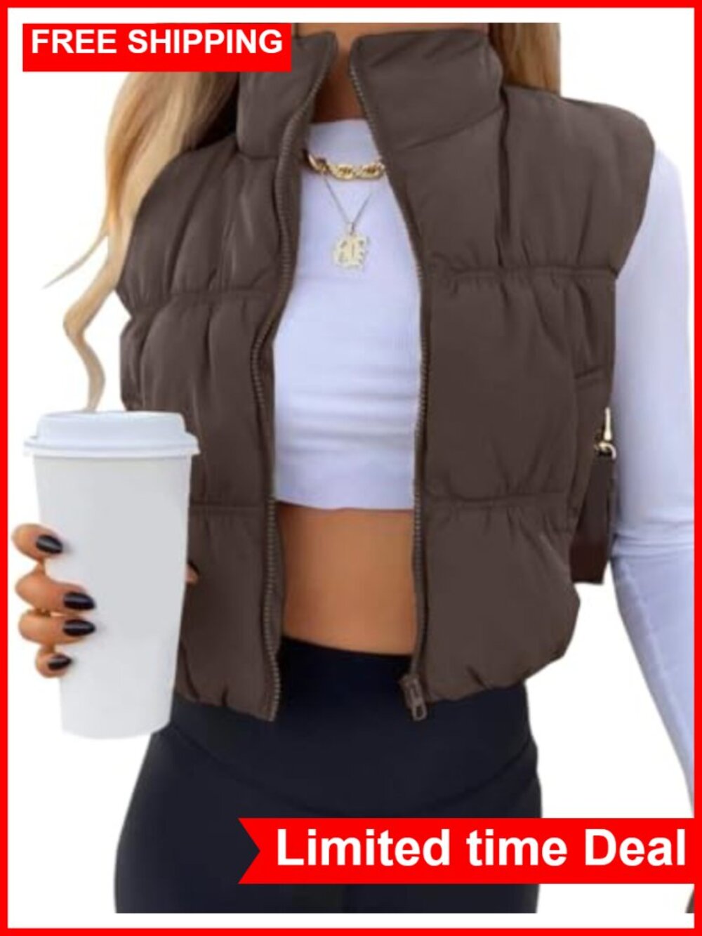 Cropped Puffer Vest Zip Up Stand Collar Lightweight Padded Gilet with Pockets